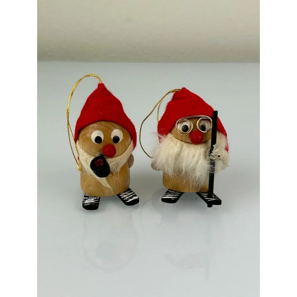 Made in Japan Wooden Skiing Gnomes Christmas Tree Ornaments Handmade Vintage Set